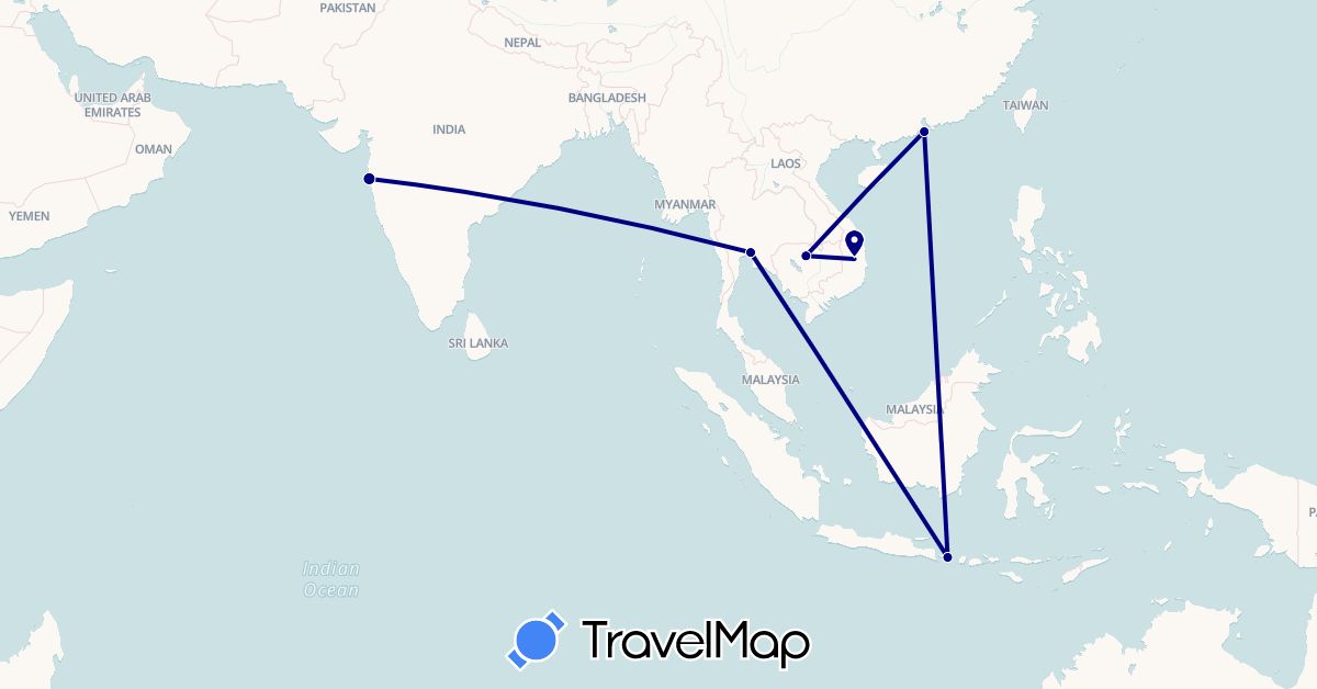 TravelMap itinerary: driving in China, Indonesia, India, Cambodia, Thailand, Vietnam (Asia)